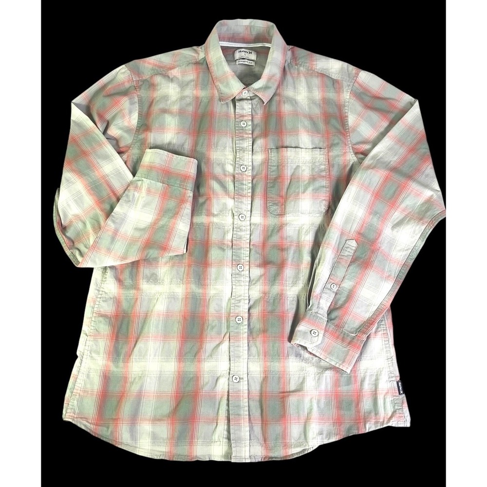 Hurley Mens Gray Pink Plaid Button Long Sleeve Classic Fit Stretch Shirt‎ Size L